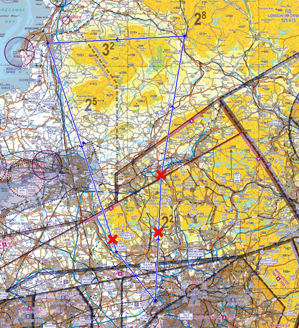 Chart area marked up with points on route that are 10 NM from Barton ATZ
